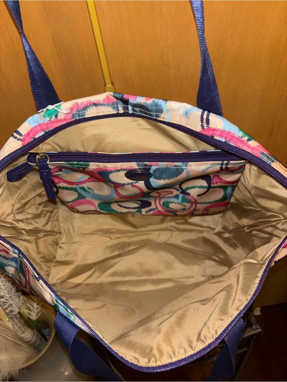 Coach Multicolor Signature Circle Print Tote with Navy Straps